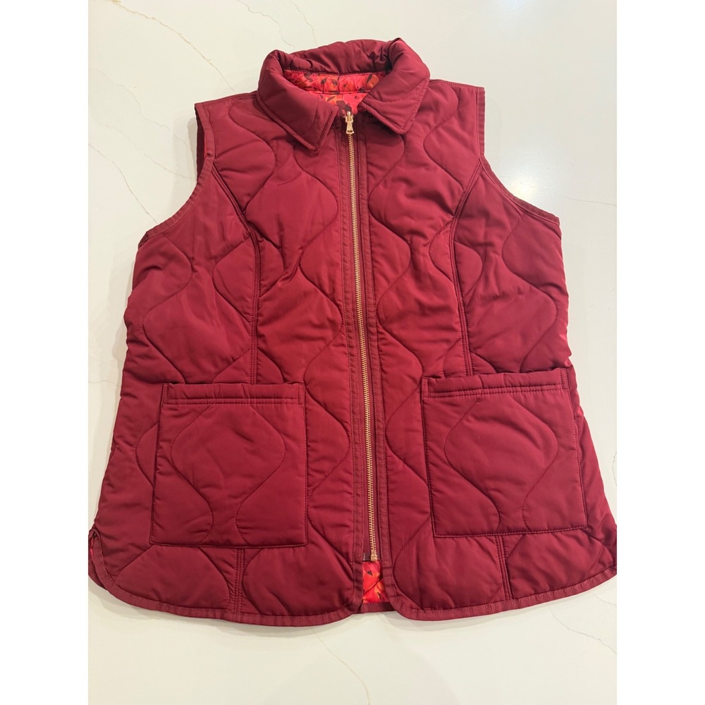 Isaac Mizrahi Live Quilted Vest Burgundy Floral Lining Zip Front Pockets Women S
